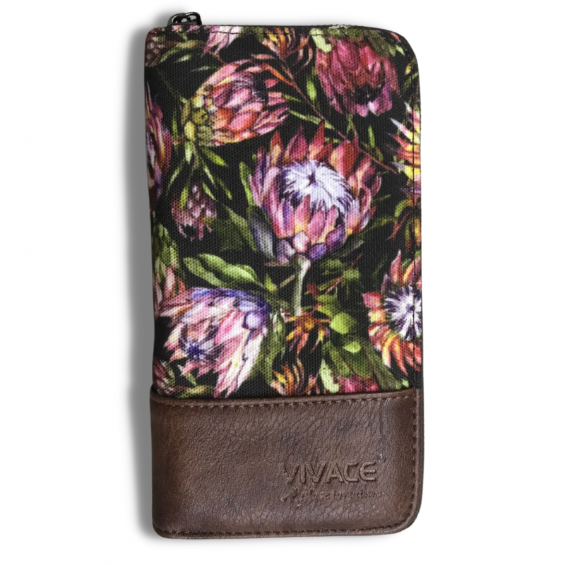Vivace Wallet: Large CHESNUT BROWN Wallet with PROTEAS and double ZIPS