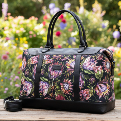 VIVACE WEEKENDER BAG: BLACK CANVAS with PROTEA DETAILING and BLACK PU LEATHER TRIM