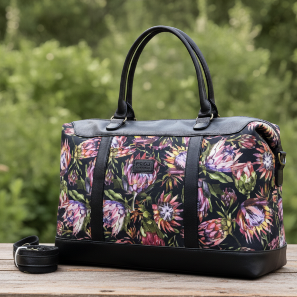 Vivace Travel Bag: BLACK CANVAS Weekender bag with PROTEA DETAILING and BLACK PU Leather TRIM
