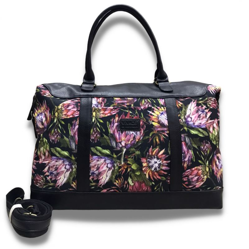 VIVACE WEEKENDER BAG: BLACK CANVAS with PROTEA DETAILING and BLACK PU LEATHER TRIM