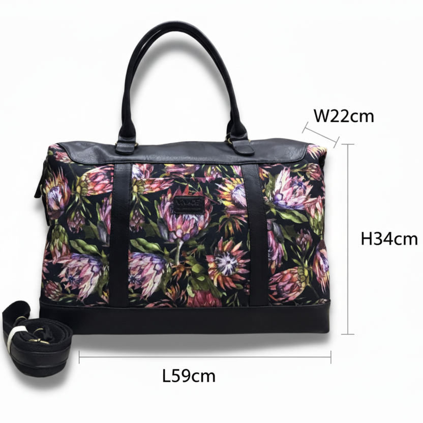 VIVACE WEEKENDER BAG: BLACK CANVAS with PROTEA DETAILING and BLACK PU LEATHER TRIM with sizes