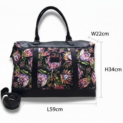VIVACE WEEKENDER BAG: BLACK CANVAS with PROTEA DETAILING and BLACK PU LEATHER TRIM with sizes