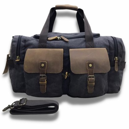 VIVACE Weekender Bag: Charcoal Canvas and Brown Genuine Leather Duffel travel Bag