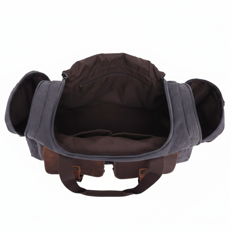 VIVACE Weekender Bag: Charcoal Canvas and Brown Genuine Leather Duffel travel Bag