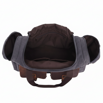 VIVACE Weekender Bag: Charcoal Canvas and Brown Genuine Leather Duffel travel Bag