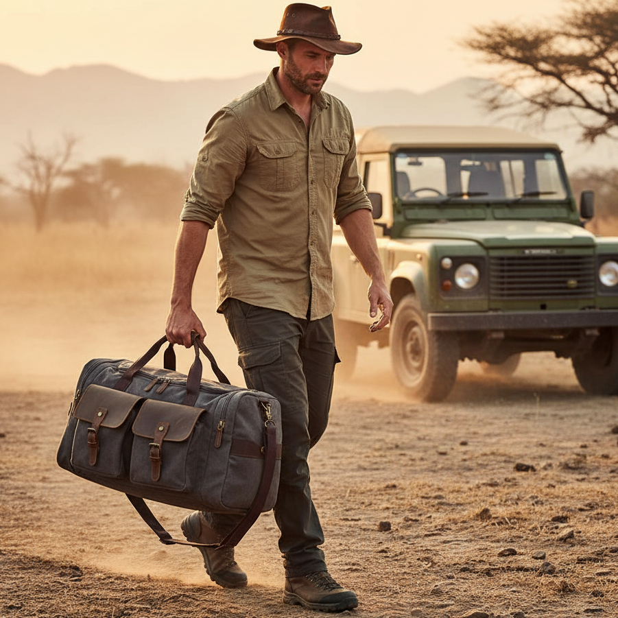 VIVACE Weekender Bag: Charcoal Canvas and Brown Genuine Leather Duffel travel Bag