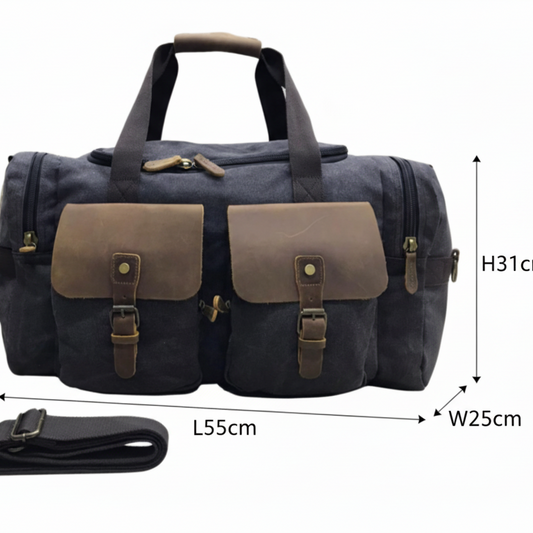 VIVACE Weekender Bag: Charcoal Canvas and Brown Genuine Leather Duffel travel Bag