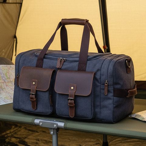 VIVACE Weekender Bag: Charcoal Canvas and Brown Genuine Leather Duffel travel Bag